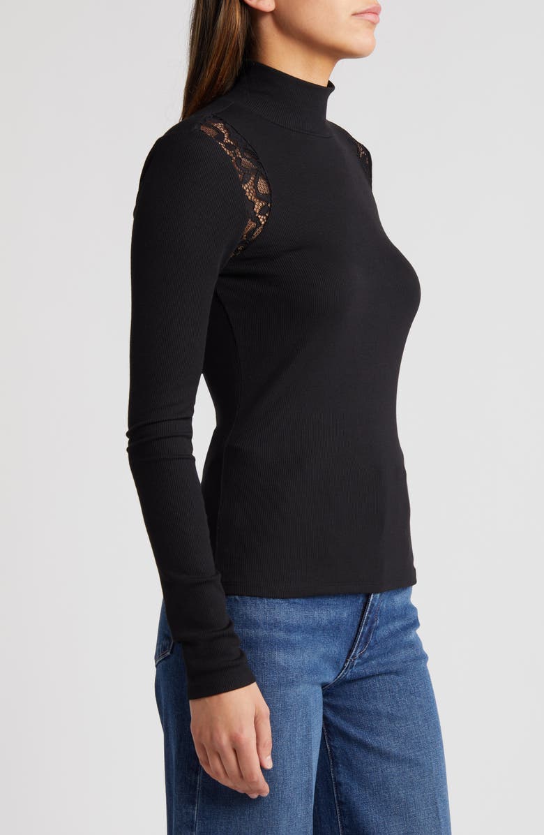 PAIGE Astora Lace Detail Rib Mock Neck Top, Alternate, color, Black
