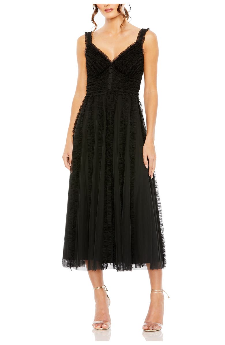 Mac Duggal Tulle V-Neck Dress with Cascading Ruffles and Sleek Silhouette, Main, color, Black