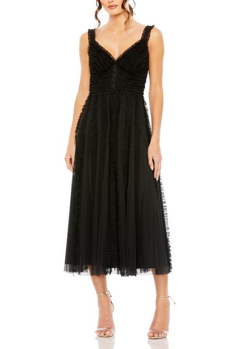 Tulle V-Neck Dress with Cascading Ruffles and Sleek Silhouette