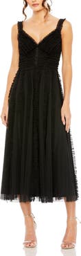 Mac Duggal Tulle V-Neck Dress with Cascading Ruffles and Sleek Silhouette