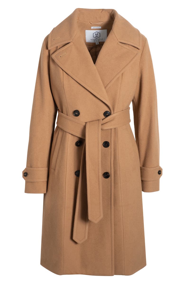 Norwegian Wool Double Breasted Virgin Wool Blend 750 Fill Power Down Waterproof Coat, Alternate, color, Camel