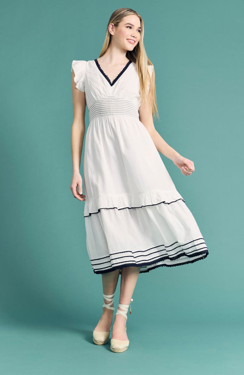 Maggy London V-Neck Cotton Midi Dress, Alternate, color, Ivory