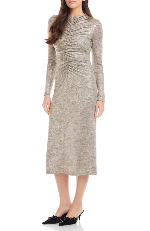 Selena Foil Knit Ruched Long Sleeve Midi Dress