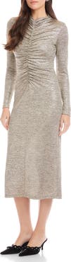 FIFTEEN TWENTY Selena Foil Knit Ruched Long Sleeve Midi Dress