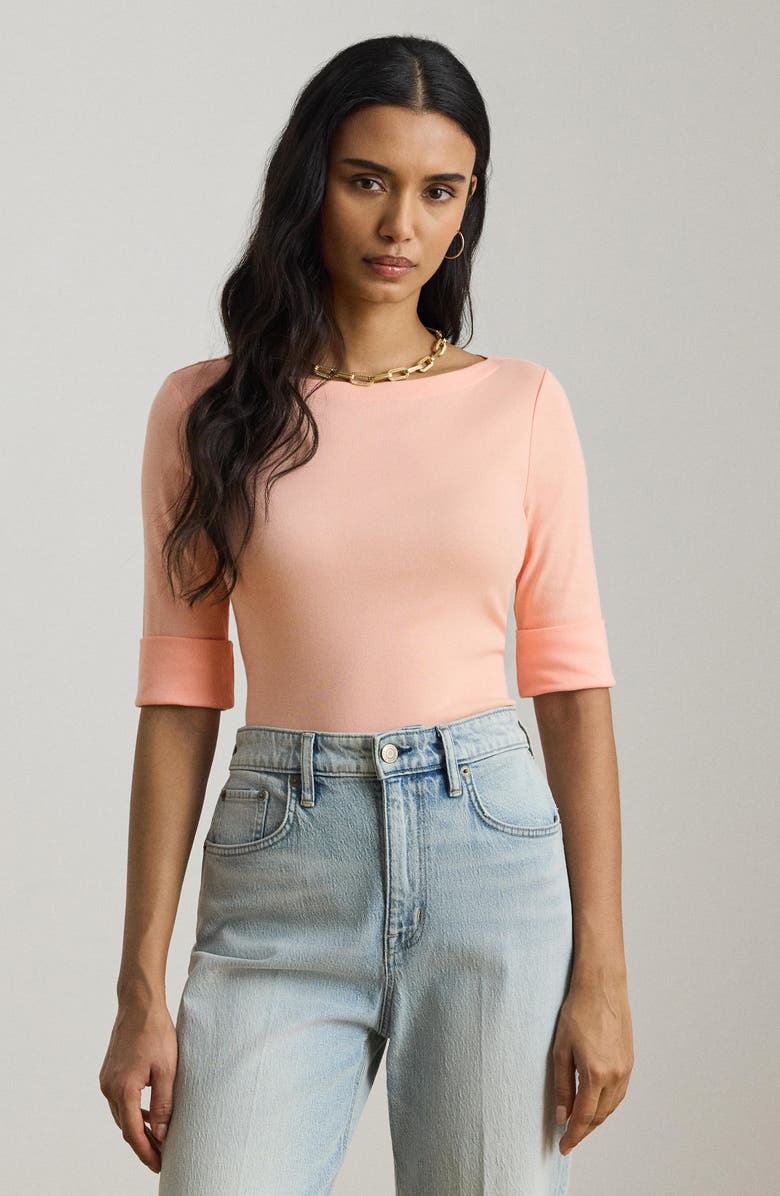 Lauren Ralph Lauren Judy Elbow Sleeve Boat Neck Stretch Cotton Top, Alternate, color, Light Portside Coral