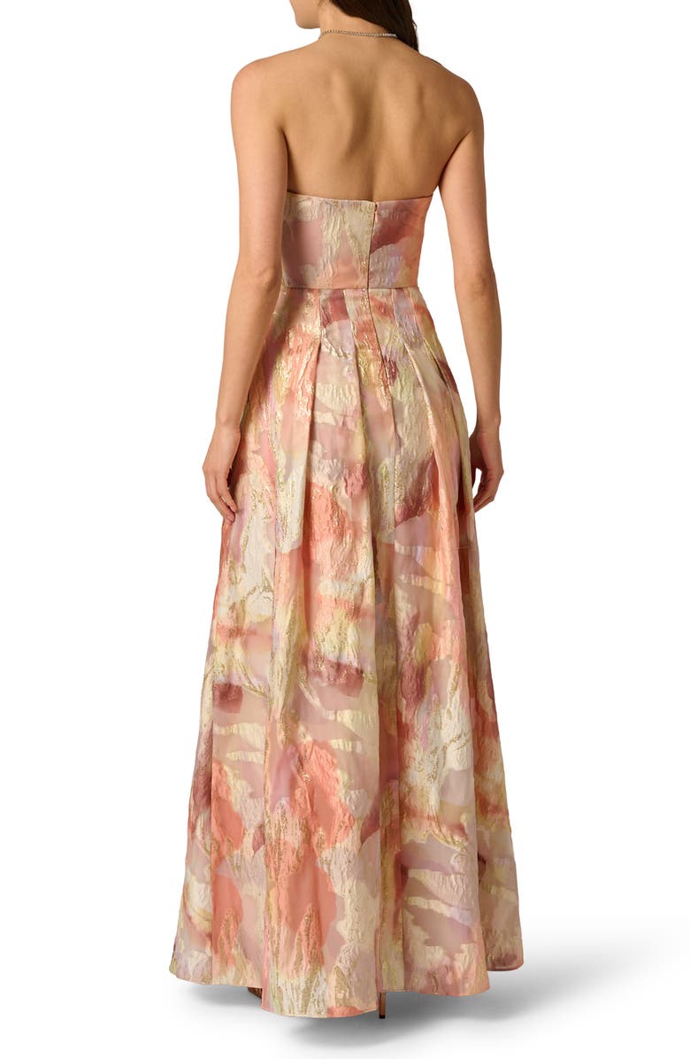 Aidan Mattox Strapless Floral Print Metallic Jacquard Gown, Alternate, color, Coral Multi