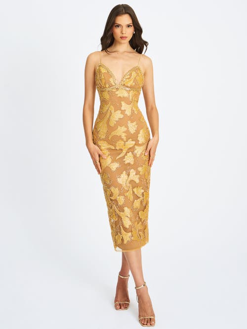 Miss Circle Women Edie Gold Beaded Sequin Midi Pencil Dress In Brown