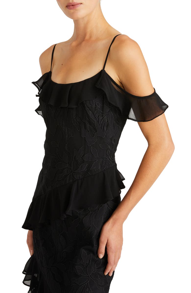 ML Monique Lhuillier Sienna Ruffle Cold Shoulder Lace Gown, Alternate, color,