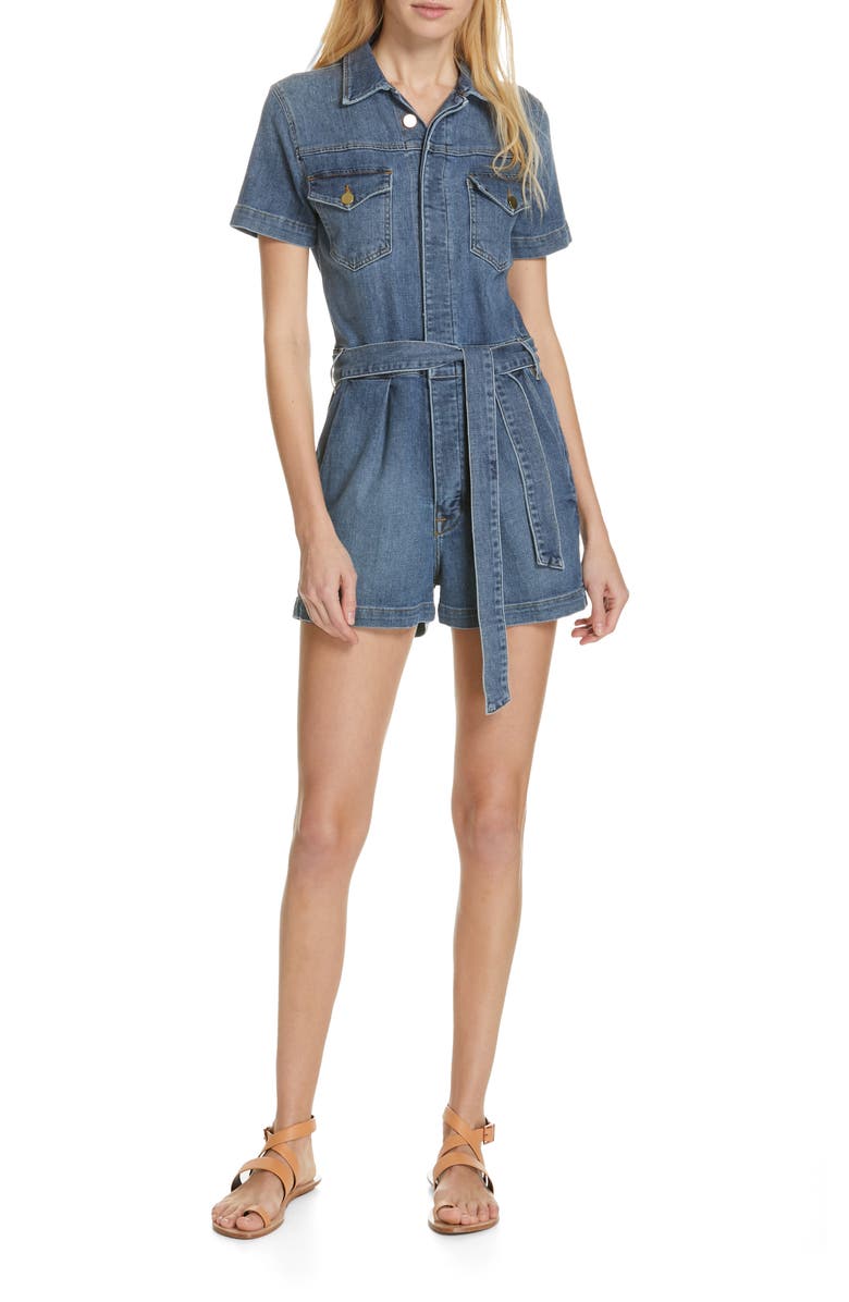 FRAME Pleated Denim Romper, Main, color, 