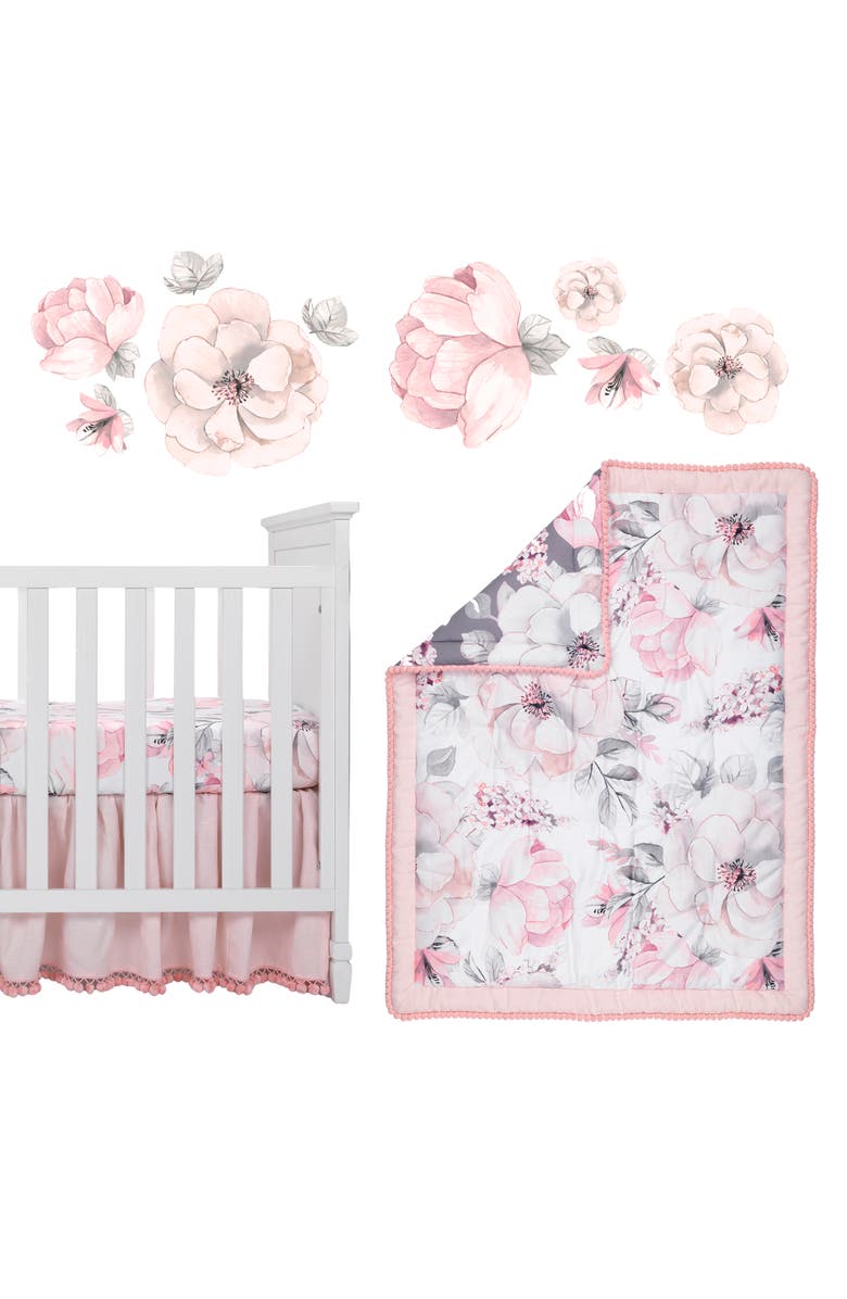 Lambs & Ivy Signature Botanical Baby Watercolor Floral 4-Piece Crib Bedding Set, Main, color, Pink