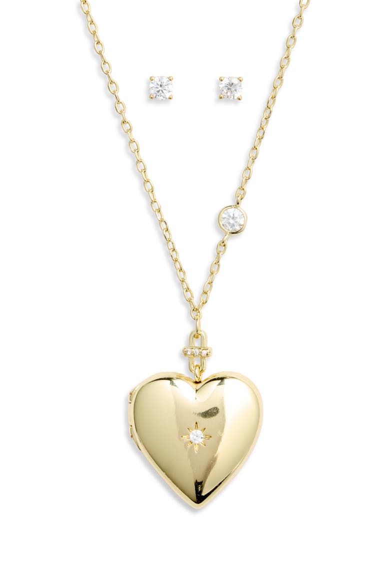 Heart Locket & Cubic Zirconia Stud Set, Alternate, color, 14K GOLD DIPPED