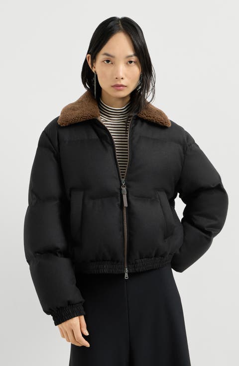 Bonded Virgin Wool Down Jacket With Shearling Collar And Shiny Zipper Pull