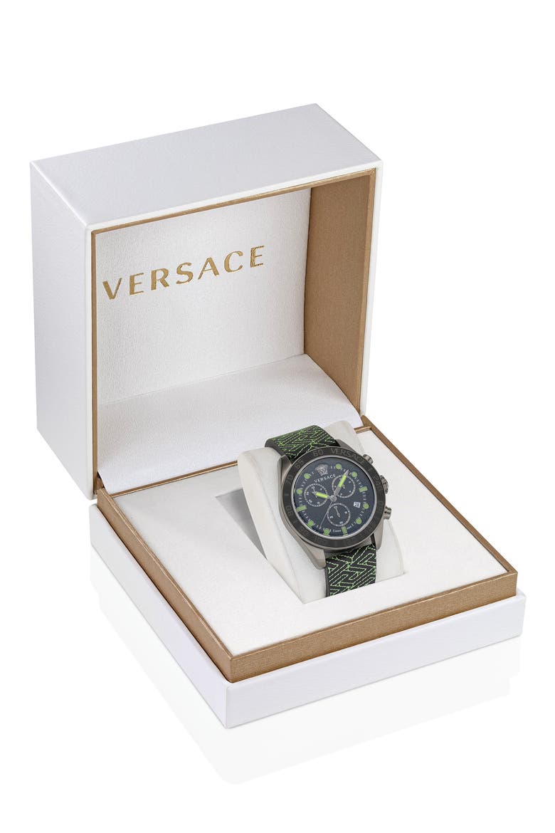 Greca Dome Chronograph Leather Strap Watch, 43mm, Alternate, color, GUN