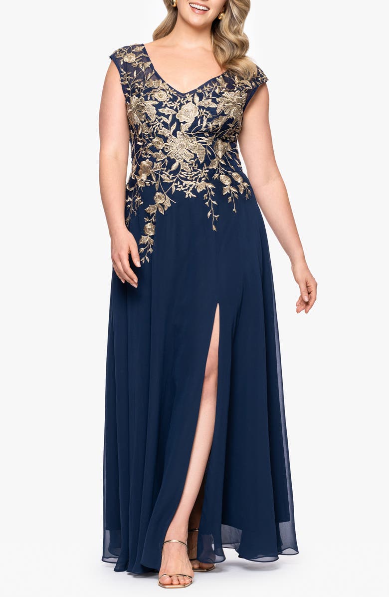 Betsy & Adam Metallic Embroidery Chiffon Gown, Main, color, Navy/ Gold