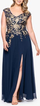 Betsy & Adam Metallic Embroidery Chiffon Gown