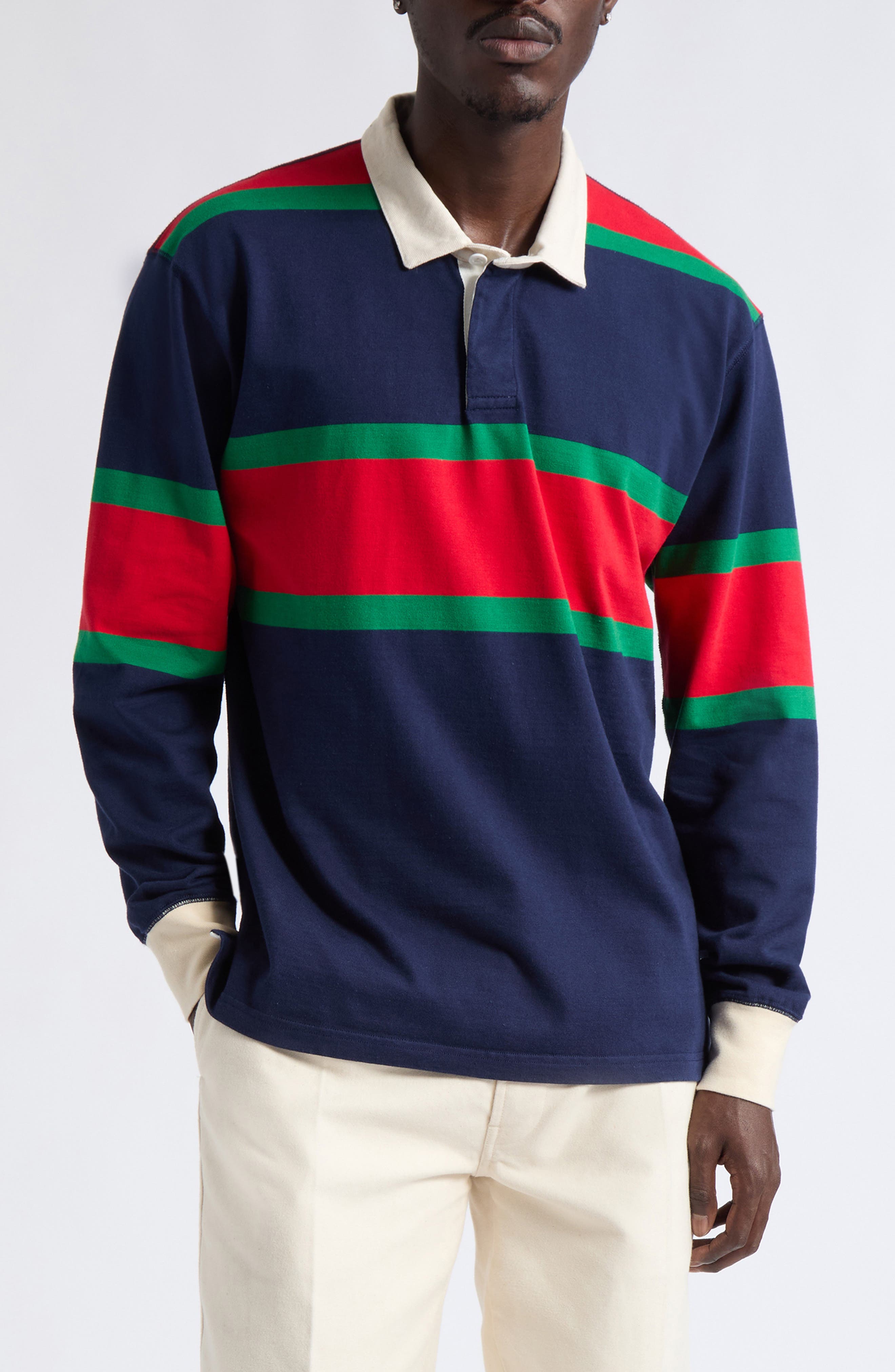 Drake's Middle Stripe Long Sleeve Rugby Polo (Men) | Nordstrom