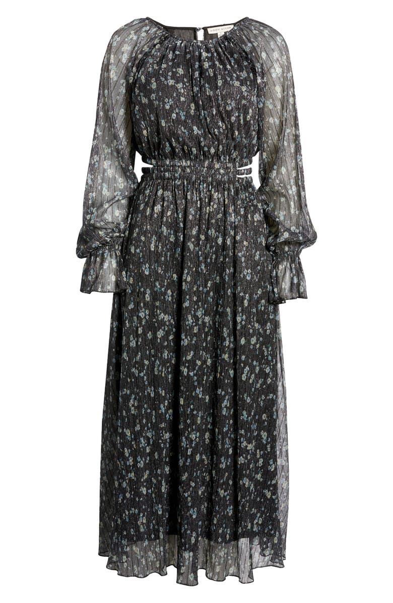 MOON RIVER Smocked Cutout Waist Long Sleeve Midi Dress, Alternate, color, 