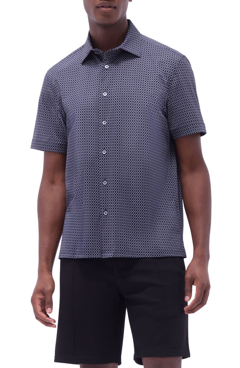 Bugatchi Milo OoohCotton<sup>®</sup> Geo Print Short Sleeve Button-Up Shirt, Main, color, Black