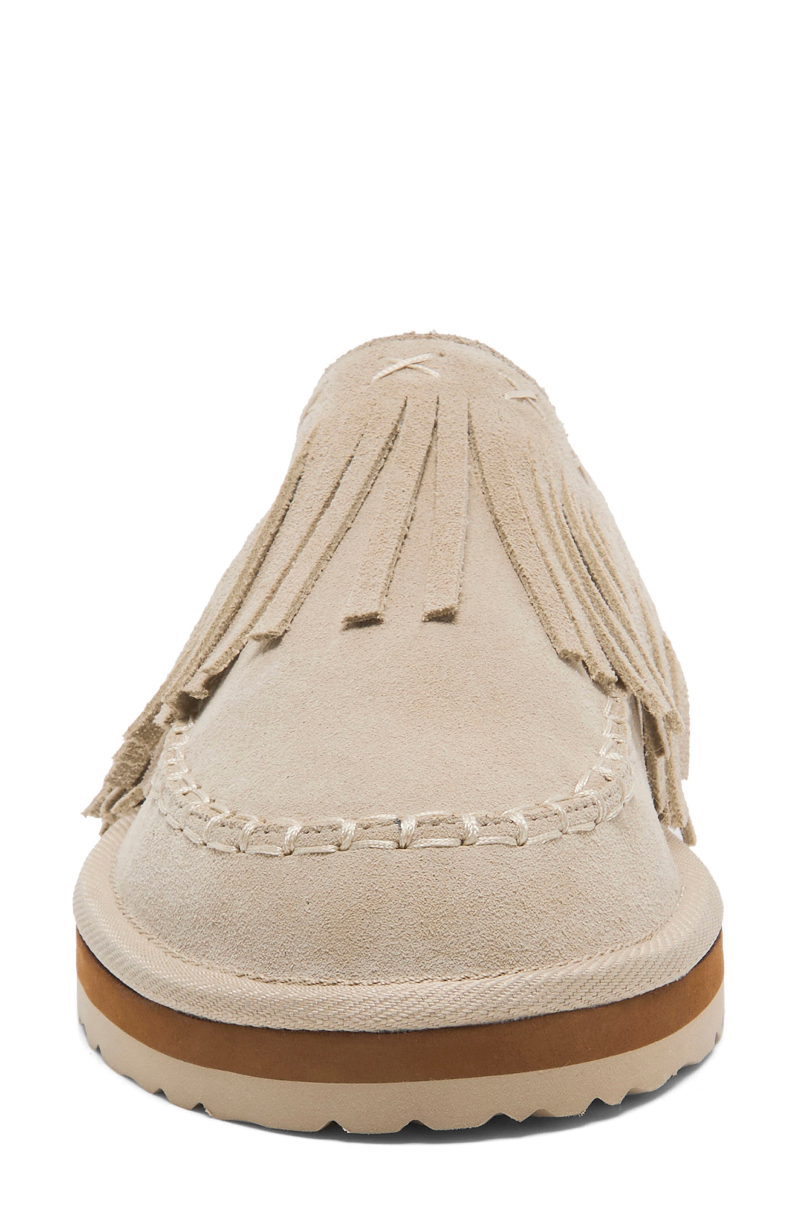 Fallon Fringe Faux Fur Mule Slipper, Alternate, color, SAND SUEDE