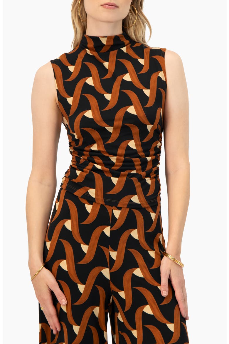 Patterned Ruched High Neck Blouse, Main, color, Multi-Brown