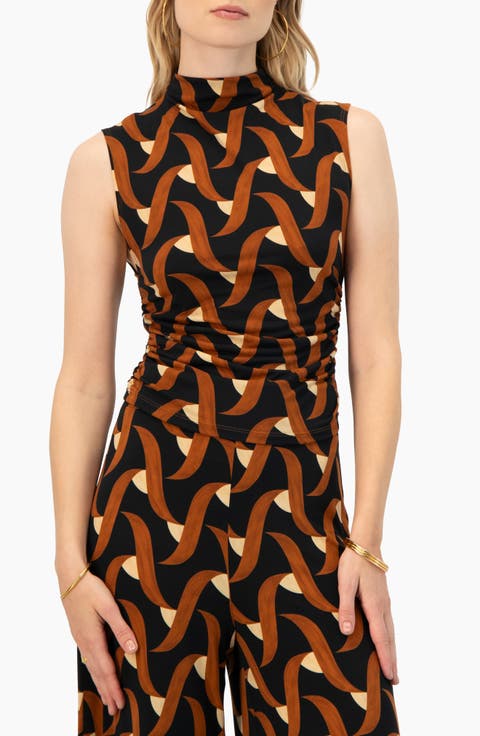 Patterned Ruched High Neck Blouse