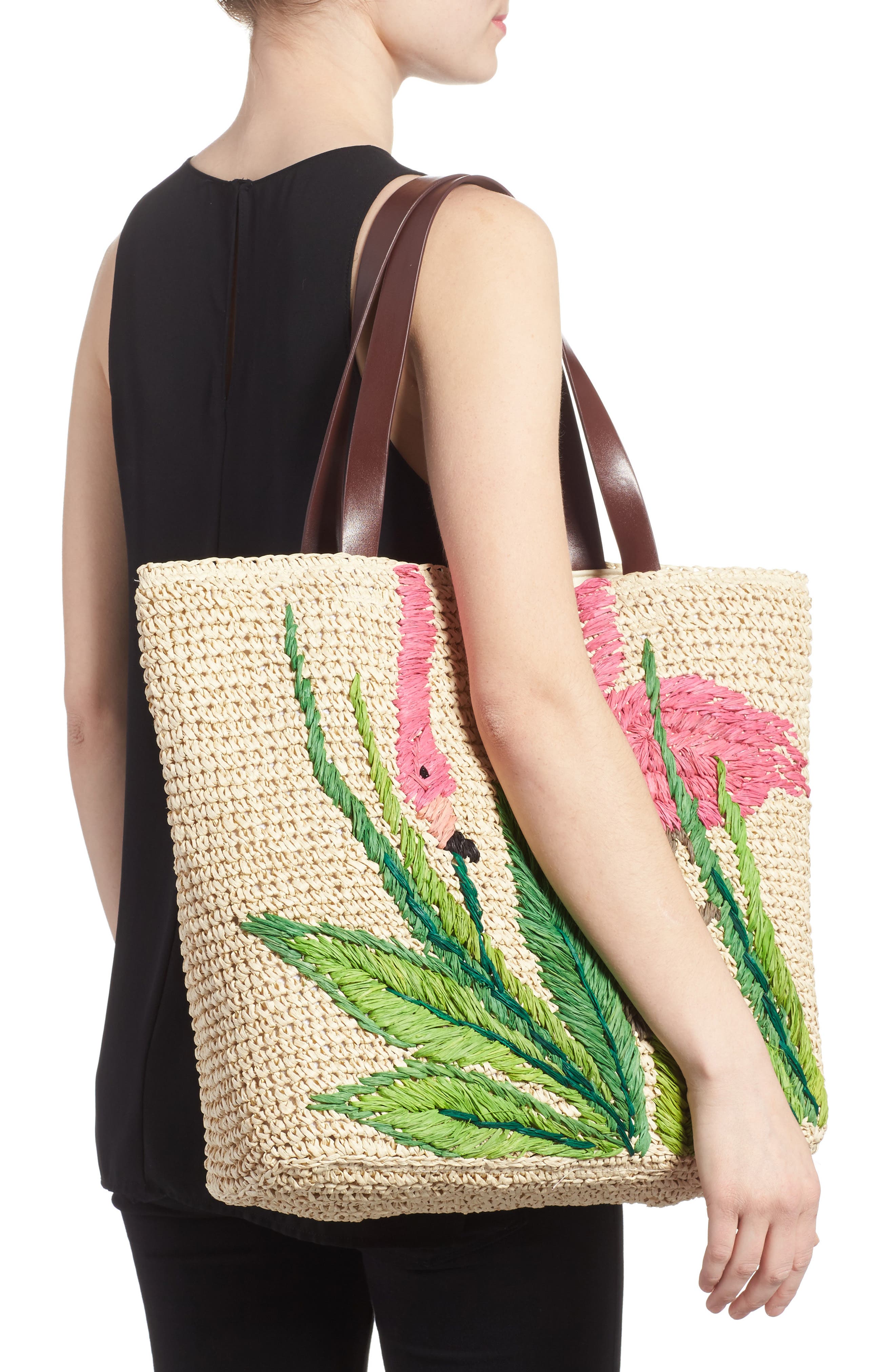Nordstrom Flamingo Packable Woven Raffia Tote, Alternate, color, 