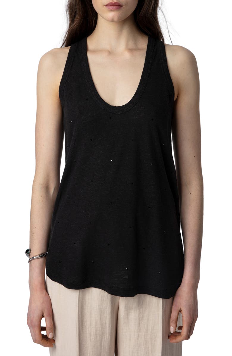Zadig & Voltaire Samy Rhinestone Linen Blend Tank Top, Main, color, 