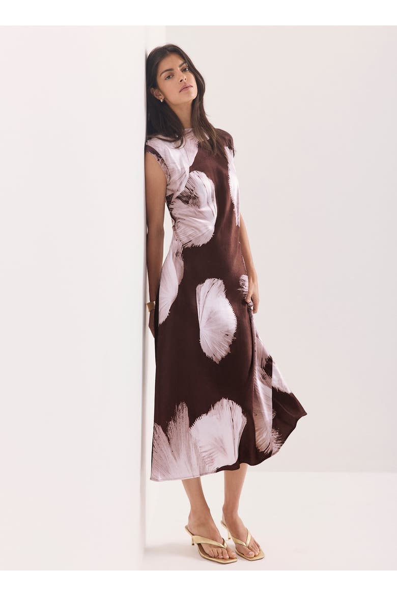 Satin Abstract Print Midi Dress, Alternate, color, Brown