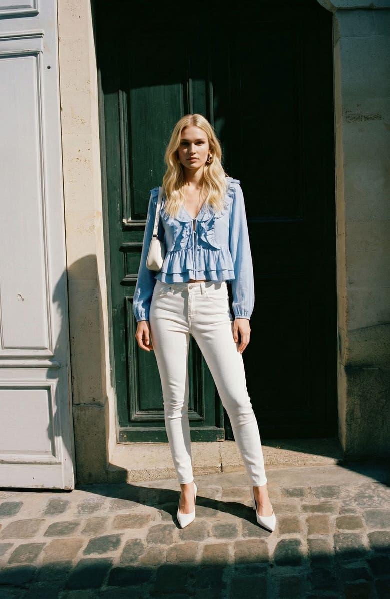 VERO MODA Zoey Ruffle Peplum Chambray Top, Alternate, color, Brunnera Blue