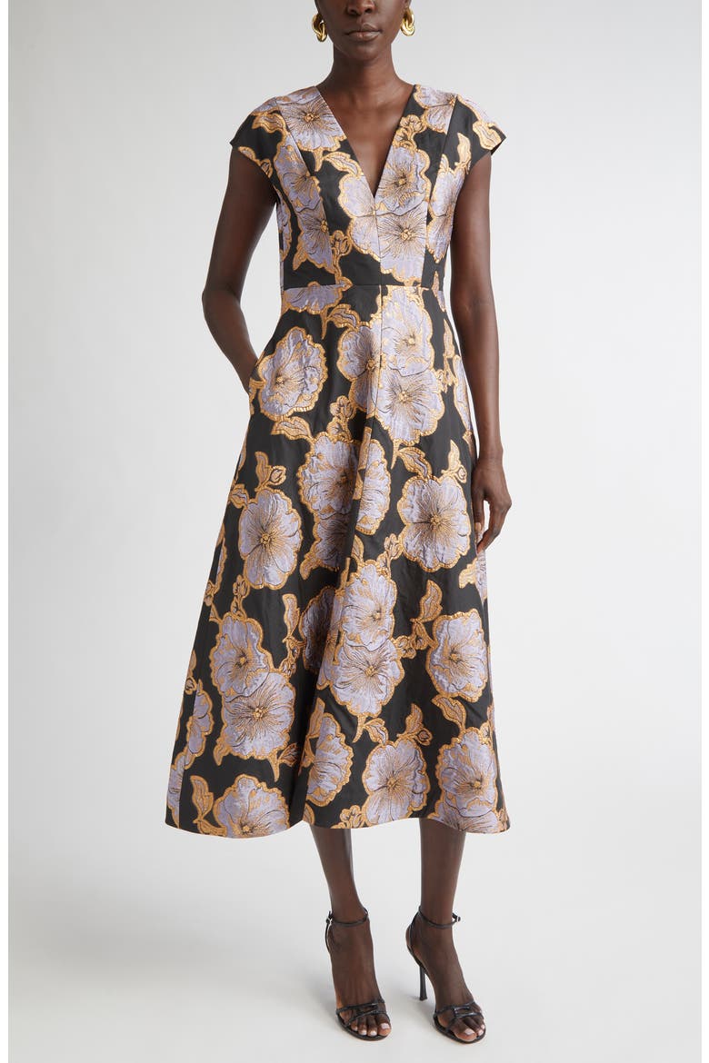 Vida Poppy Floral Jacquard A-Line Dress, Main, color, BLACK/ HYDRANGEA MULTI