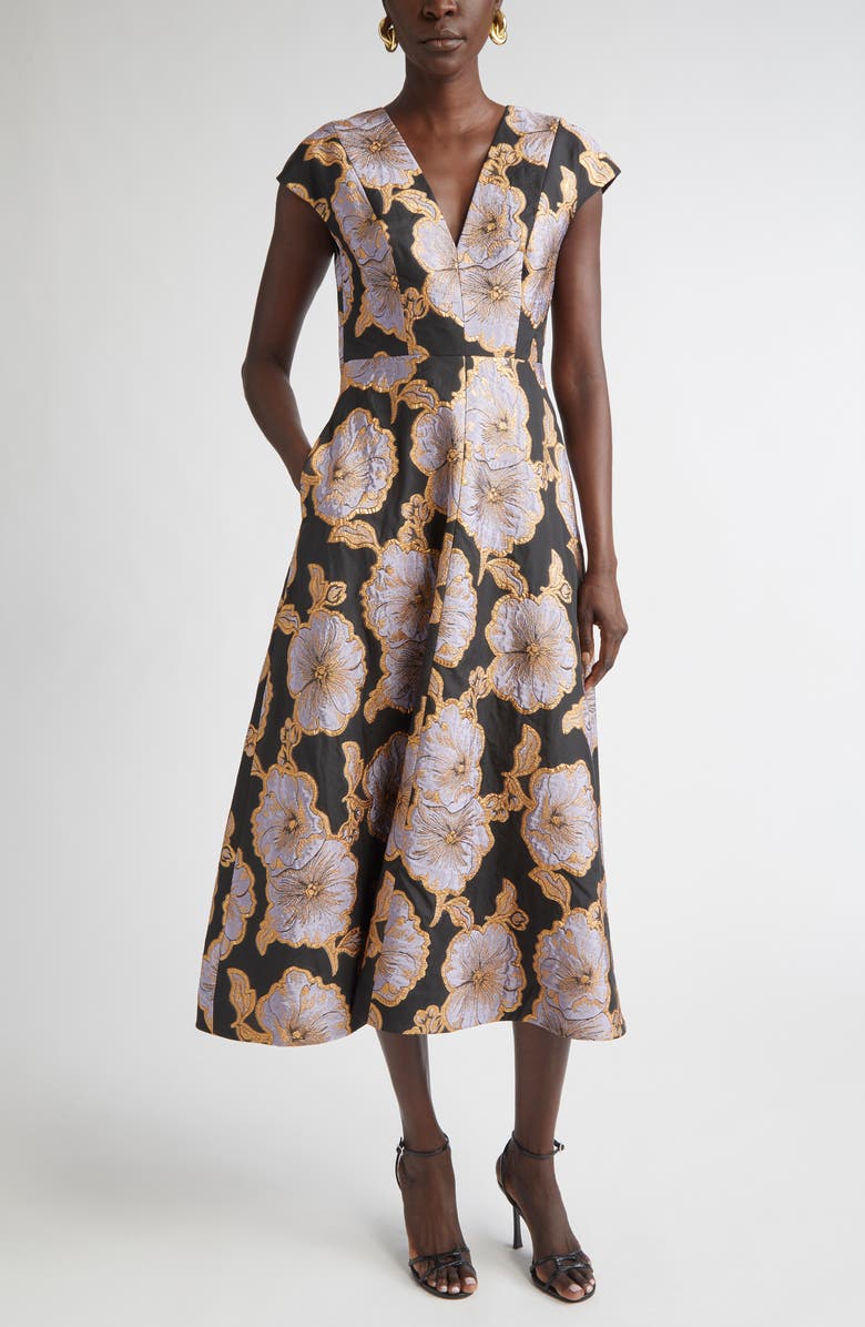 ST. JOHN Vida Poppy Floral Jacquard A-Line Dress, Main, color, Black/ Hydrangea Multi