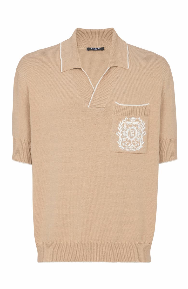 Balmain Écusson Embroidered Knit Polo Shirt, Alternate, color, Beige