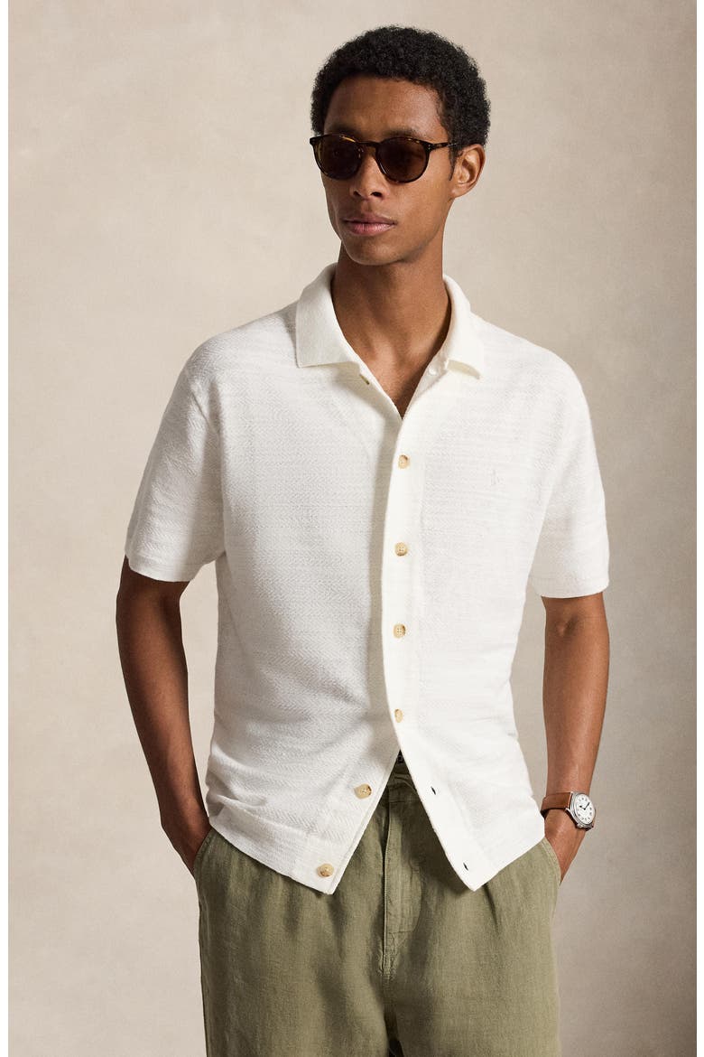 Short Sleeve Cotton & Linen Herringbone Full Button Cardigan, Alternate, color, DECKWASH WHITE