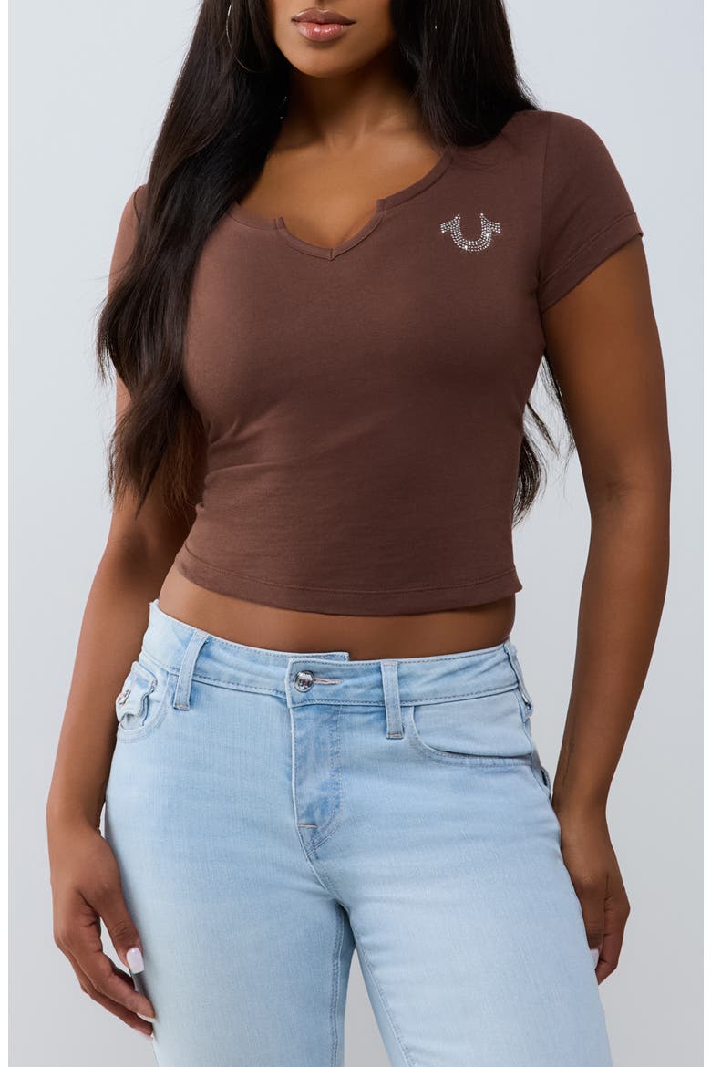 Crystal Logo Notched Neck Baby Tee, Main, color, ROCKY ROAD