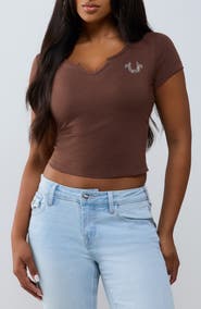 True Religion Crystal Logo Notched Neck Baby Tee