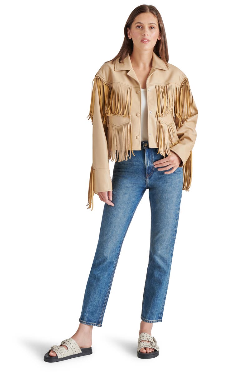 Steve Madden Halia Fringe Trim Faux Leather Jacket, Alternate, color,