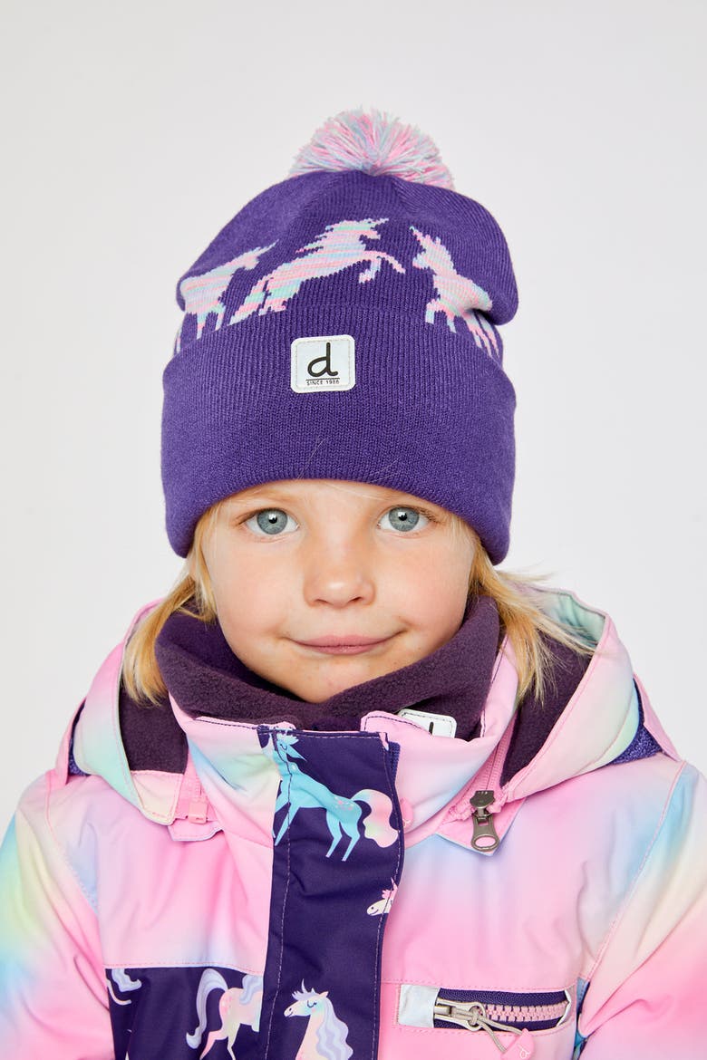 Winter Unicorn Rolled Cuff Pompom Knit Hat, Alternate, color, Purple and Blue