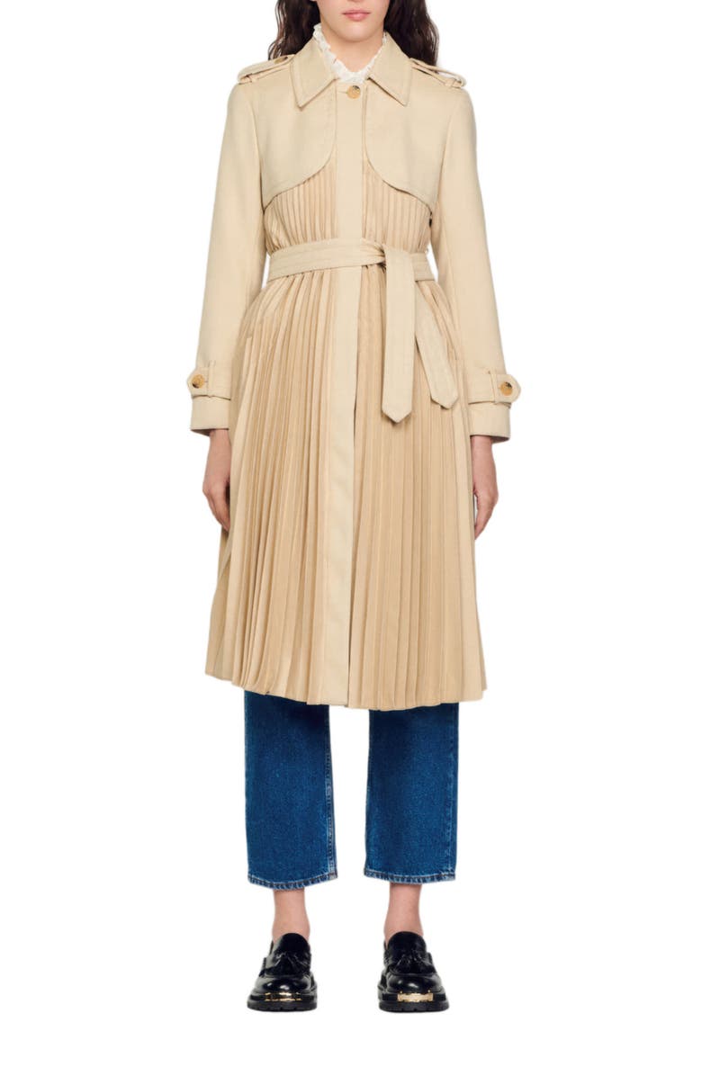 SANDRO Pleated trench coat with belt, Main, color, 