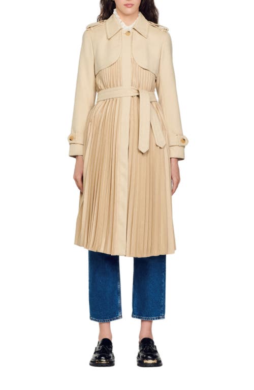 Sandro Pleated Trench Coat With Belt In Beige
