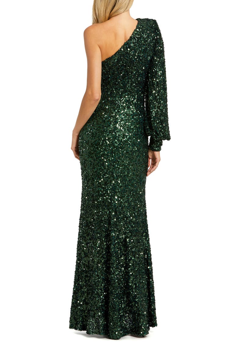 Sequined One Shoulder Bishop Sleeve Trumpet Gown, Alternate, color, Emerald