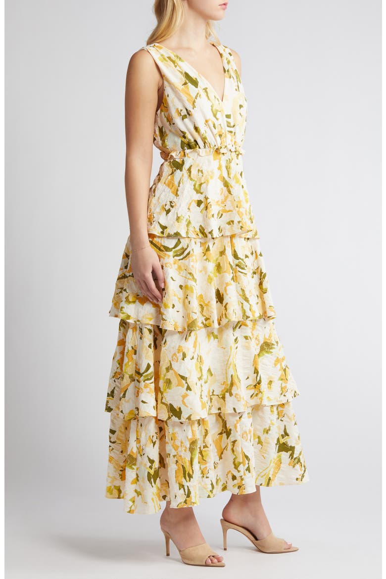 Floral Tiered Maxi Dress, Alternate, color, GREEN- YELLOW KEYS ABSTRACT