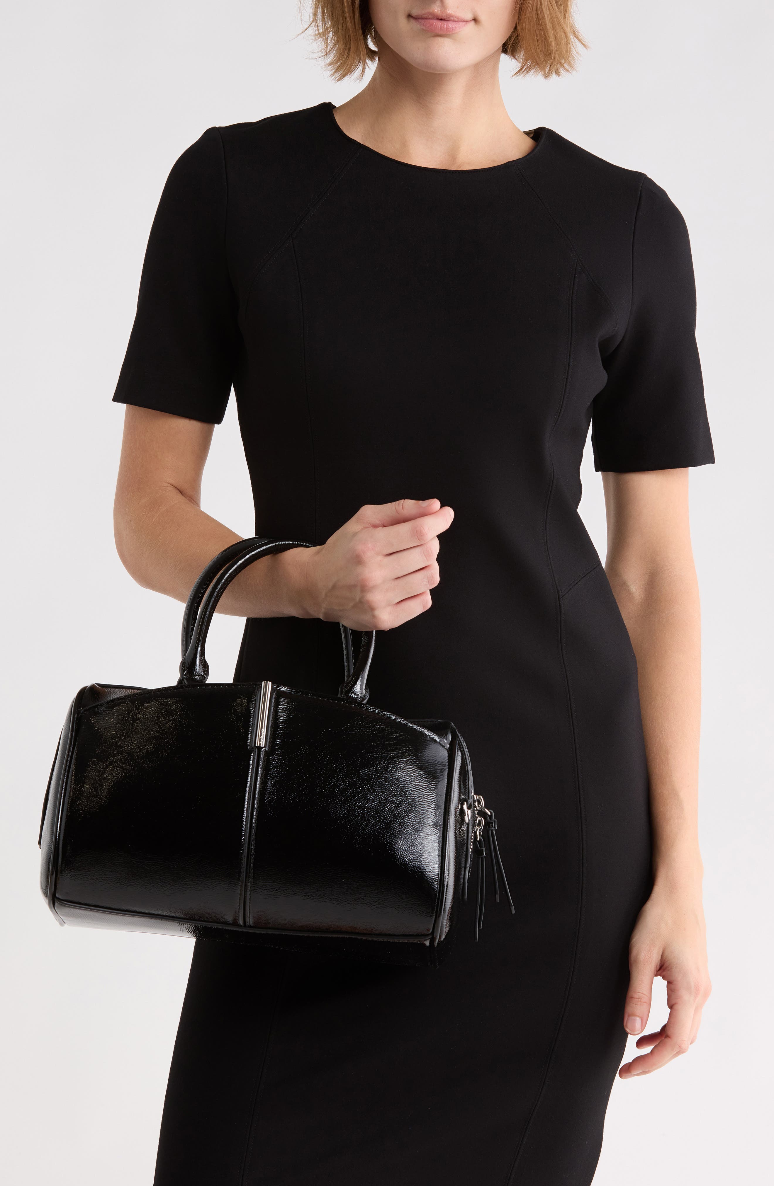 Genevieve Faux Leather Satchel, Alternate, color, BLACK/ SILVER