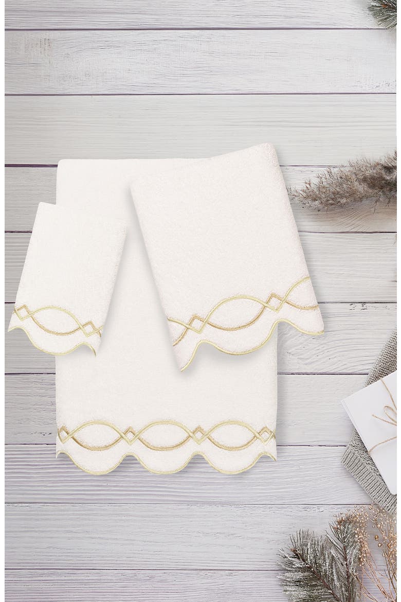 Diamond Chain Scallop 3-Piece Towel Set, Alternate, color, WHITE/ BEIGE