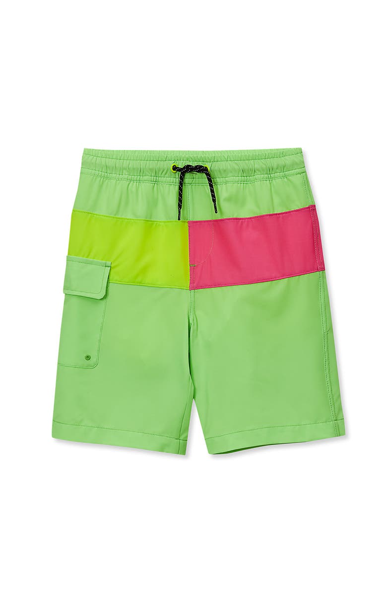 Lands' End Boys Chlorine Resistant Colorblock Hydroliner Board Swim Trunks, Main, color, Green Gecko Colorblock