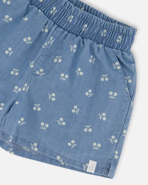 DEUX PAR DEUX DEUX PAR DEUX LITTLE GIRL'S PRINTED CHAMBRAY SHORT BLUE AND WHITE CHERRIES