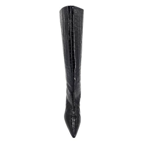Madison Maison Tall Moc Croc Pointy Toe Kitten Heel Boot In Black