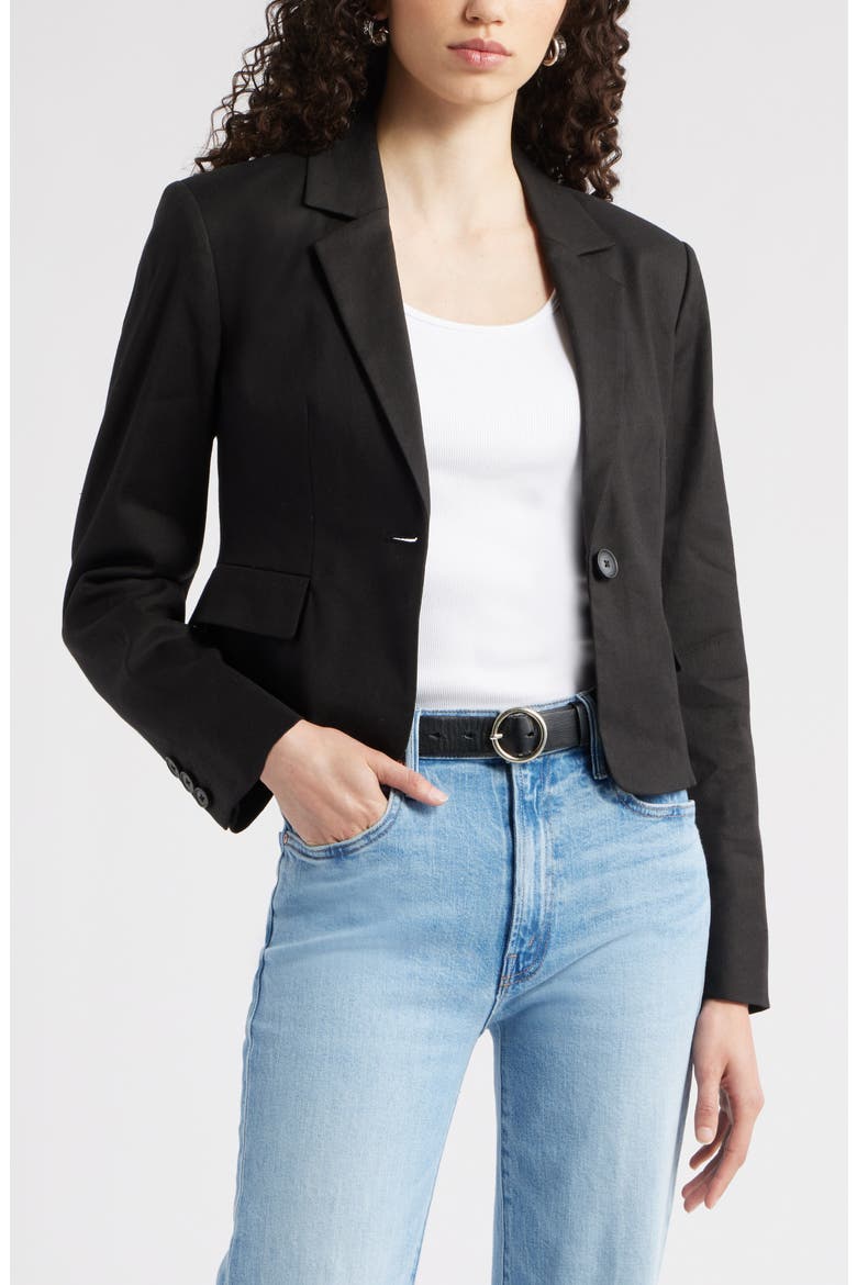 Crop One-Button Linen Blend Blazer, Main, color, BLACK