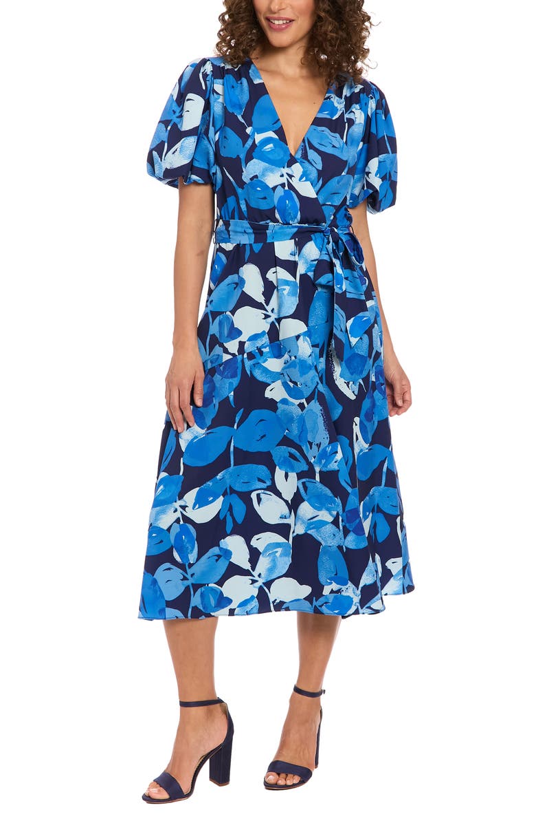London Times Floral Puff Sleeve Midi Dress, Main, color, 