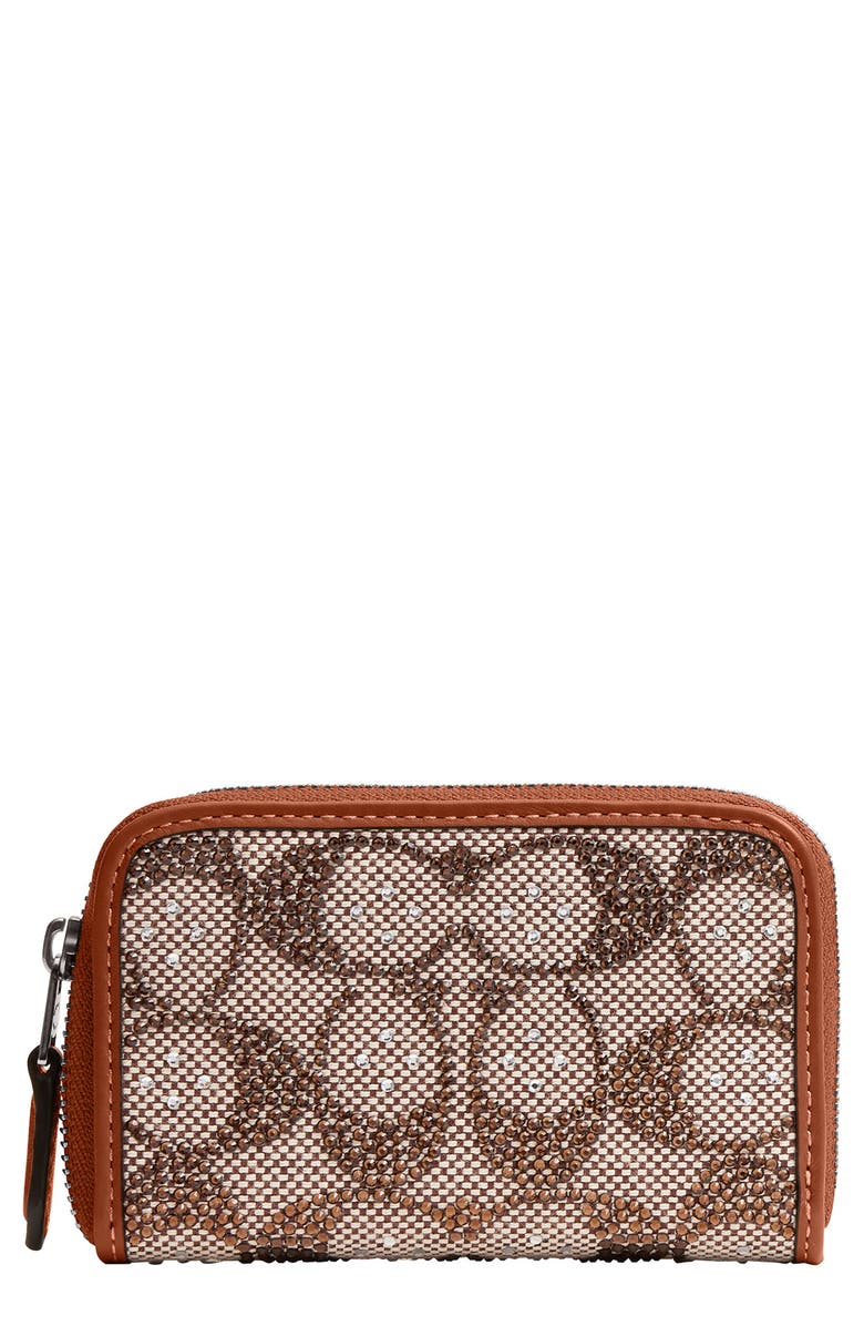 COACH Small Crystal Signature Logo Jacquard Zip Around Card Holder, Main, color, Lh/Burnished Amber