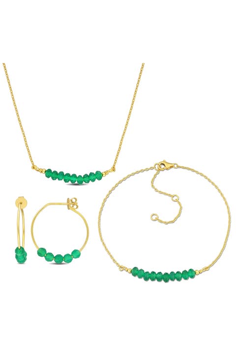 Green Onyx Beaded Hoop Earrings, Bracelet & Necklace Set